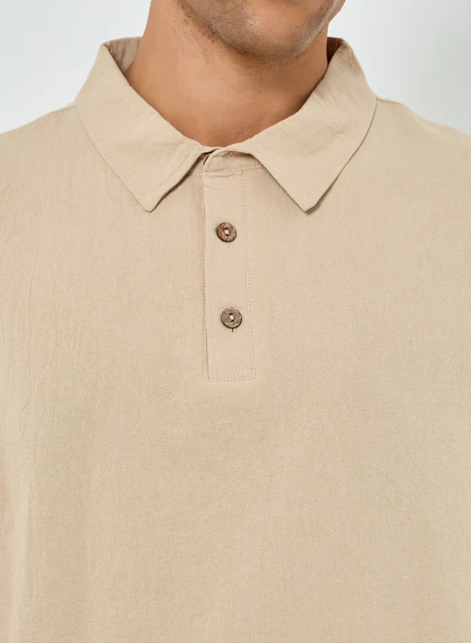 تايك تو Men Beige Linen Blend Short Sleeve Polo